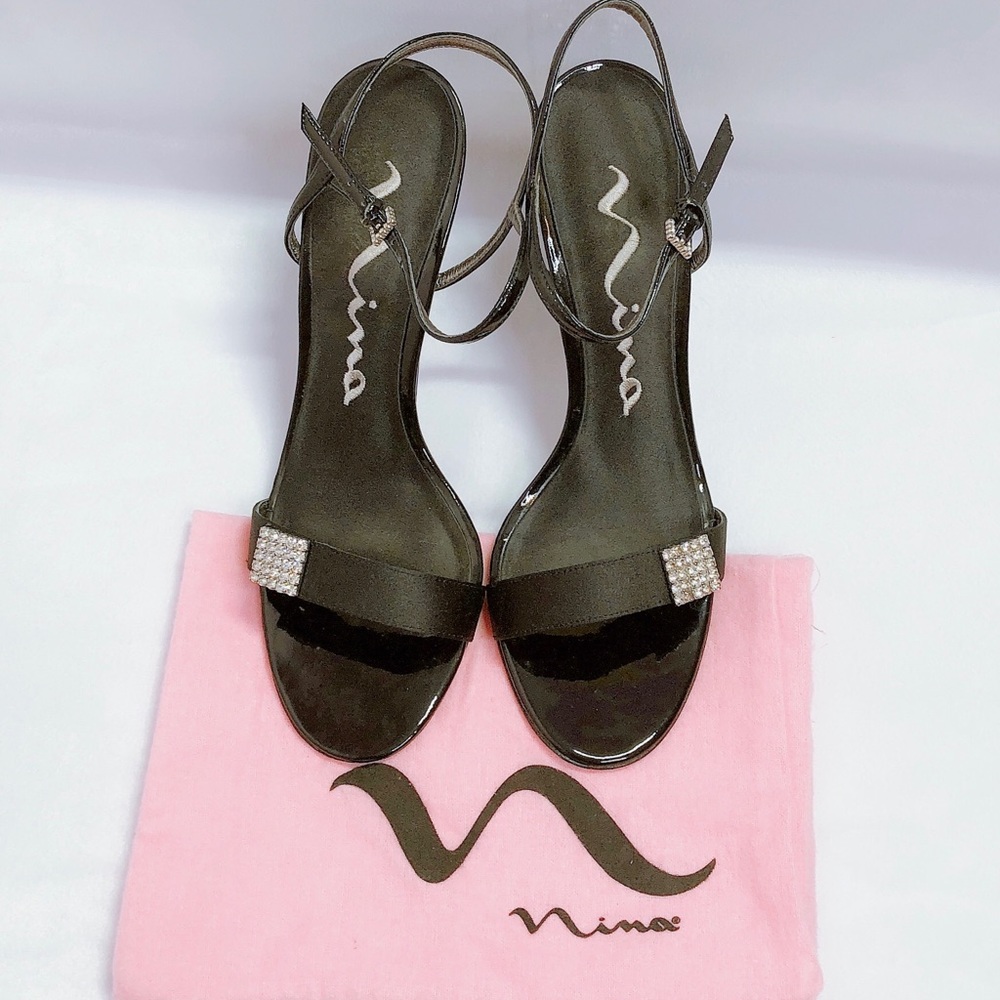Nina Cason Black Satin Dress Sandals Rhinestone 8